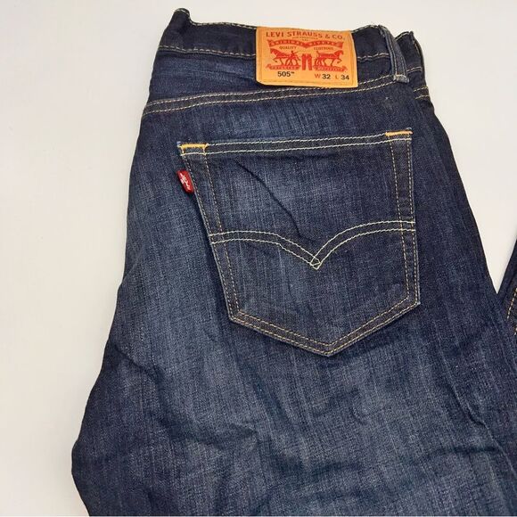 Levi 505 Men's Dark Wash Mid Rise Straight Leg Denim Jeans Size W32 L34 Tall - Picture 3 of 9